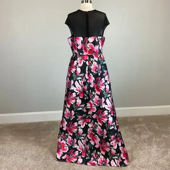 Adrianna Papell Floral Print A-Line Evening Gown Black and Pink Size 8 Dress - Picture 5 of 10